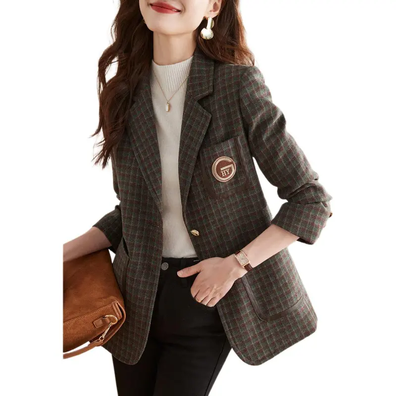 Mo Han Yi Mei Business Suit Women's Green Base Coffee Plaid-4