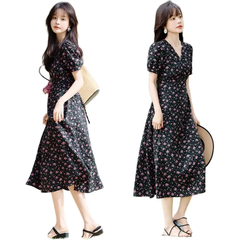 Mo Han Yi Mei Short Sleeved Dress Women's Black With Purple Floral-3
