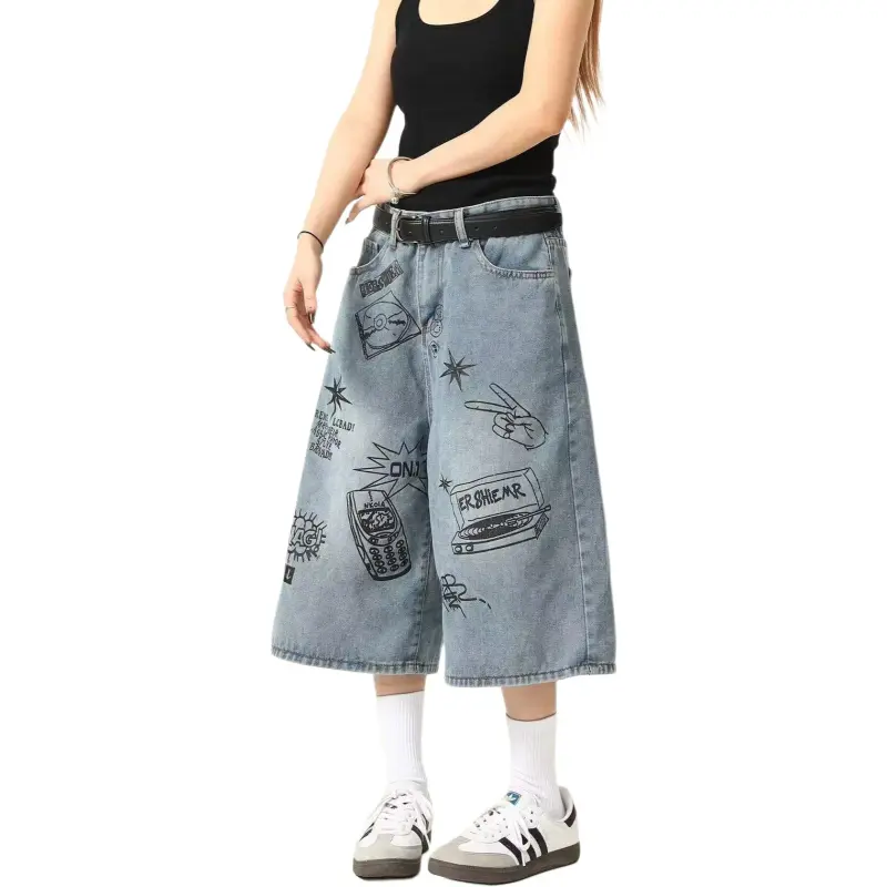 T IRA Denim Shorts Unisex Graffiti Blue-5