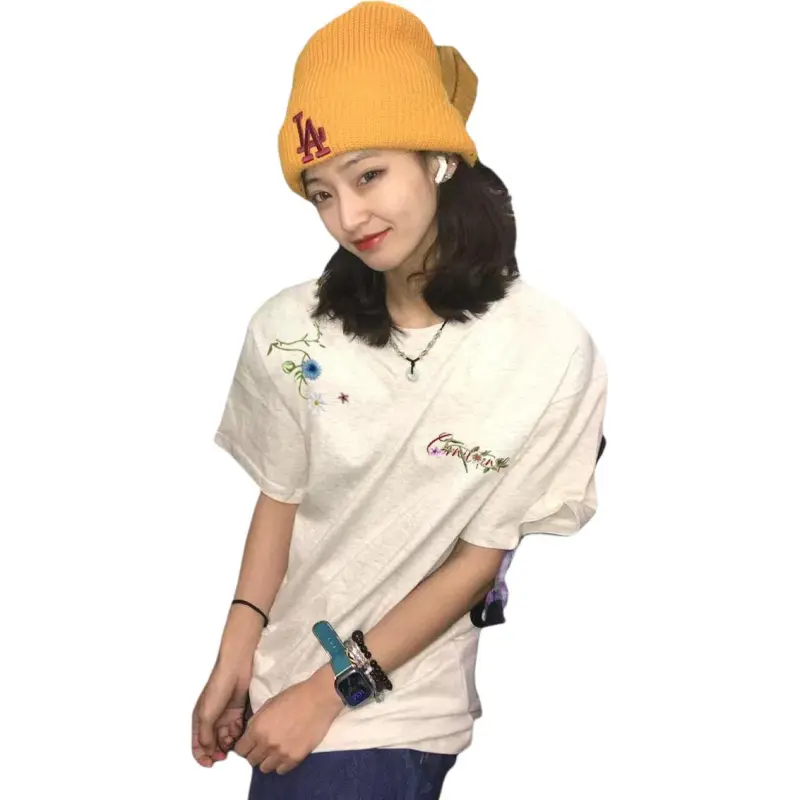 WELTER EXPERIMENT Solid Color Casual Comfortable Loose Fit Embroidery T Shirt Unisex-10