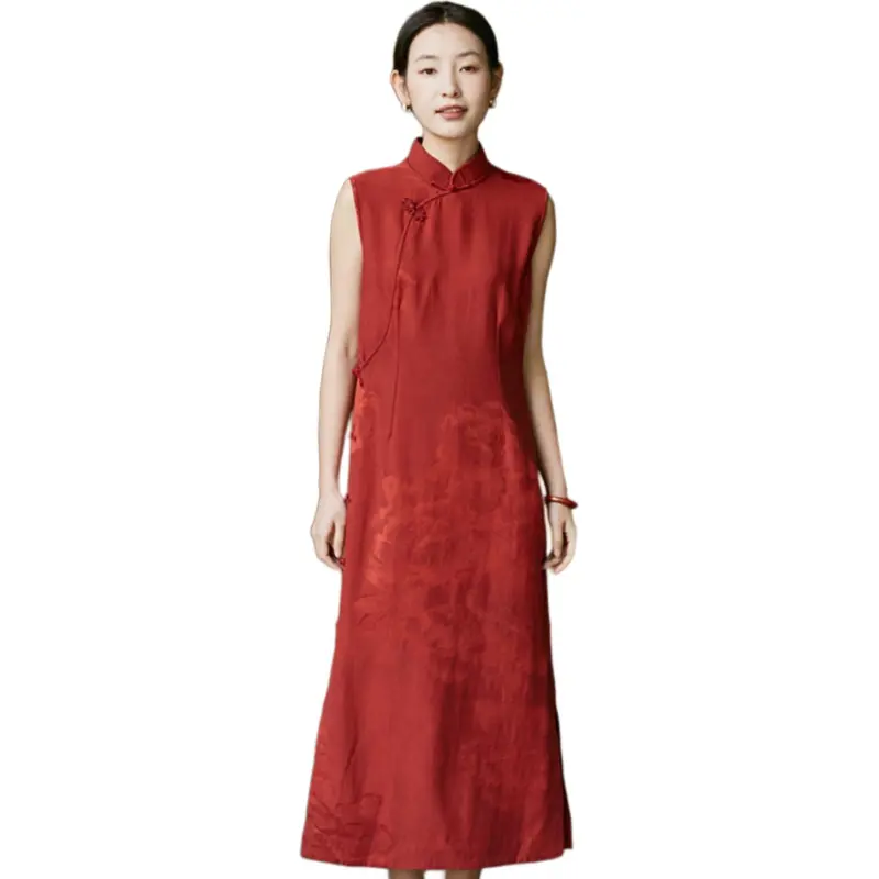 JIXIANGYUER Cheongsams Women's Imperial Brocade Red-1