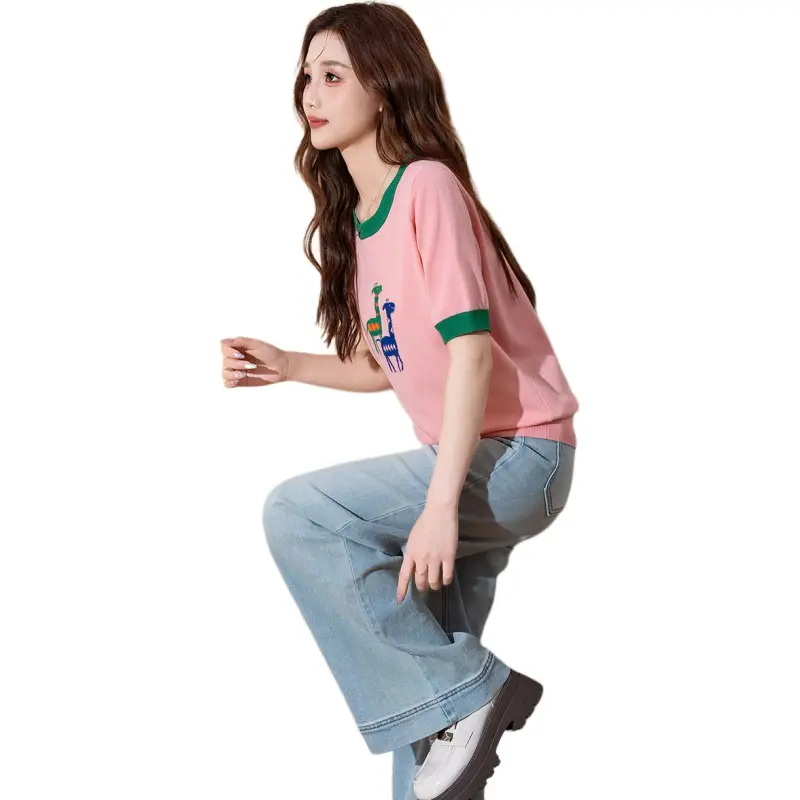 Tonlion T Shirts Women's Smoke Gray Pink-1