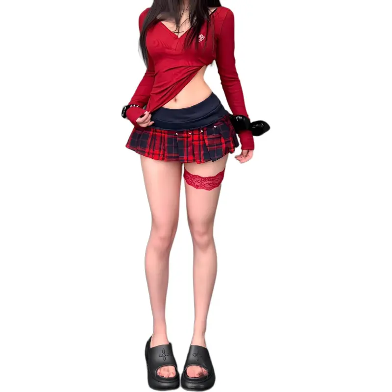 YINLEI Casual Shorts Women's Red Plaid-2