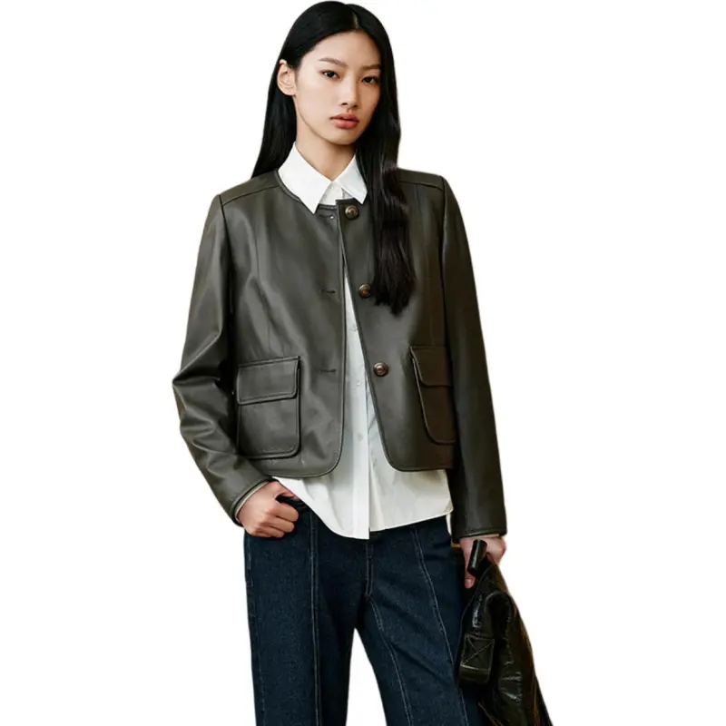 INSUN Leather Jackets Women's Olive Green-1