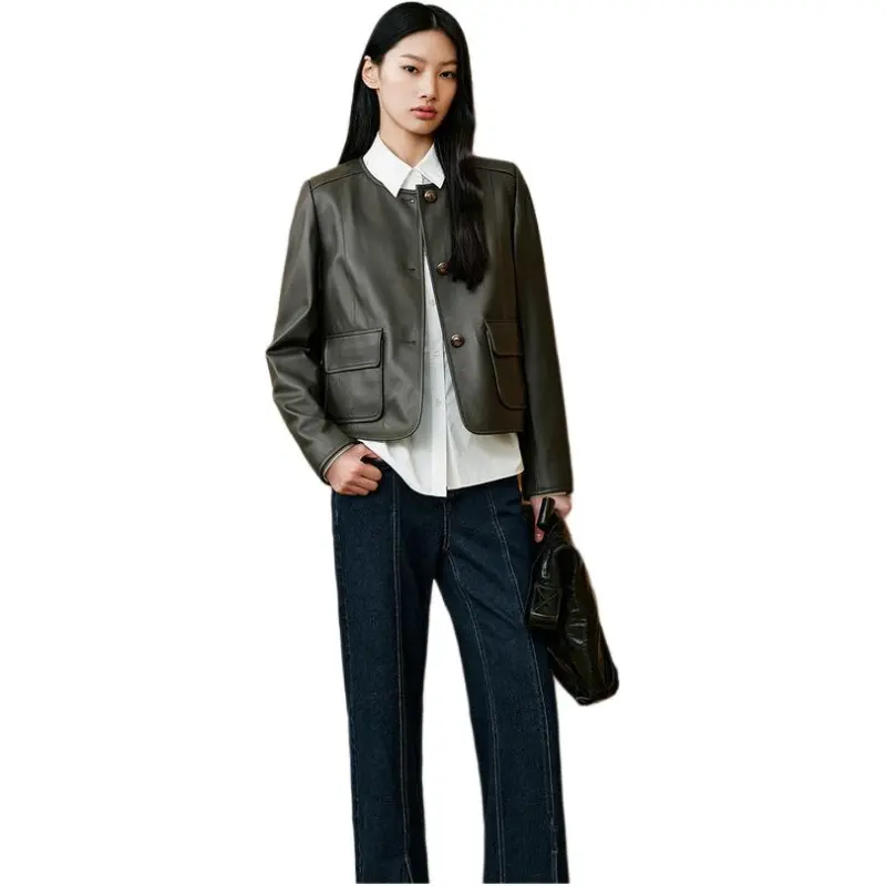 INSUN Leather Jackets Women's Olive Green-2