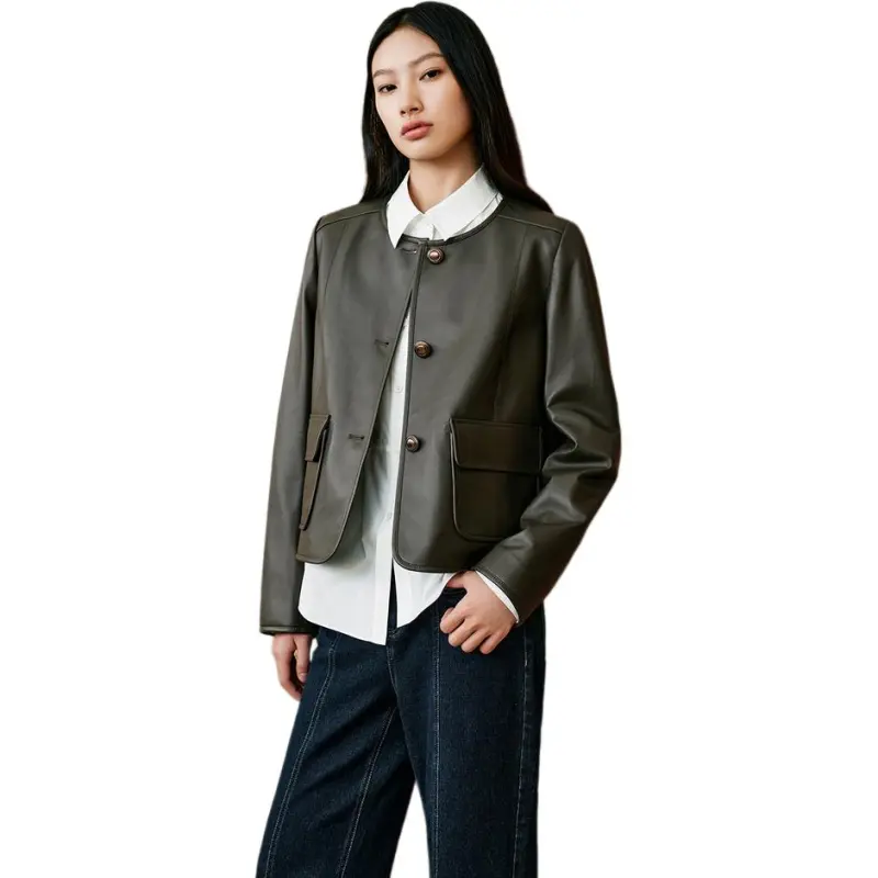 INSUN Leather Jackets Women's Olive Green-3