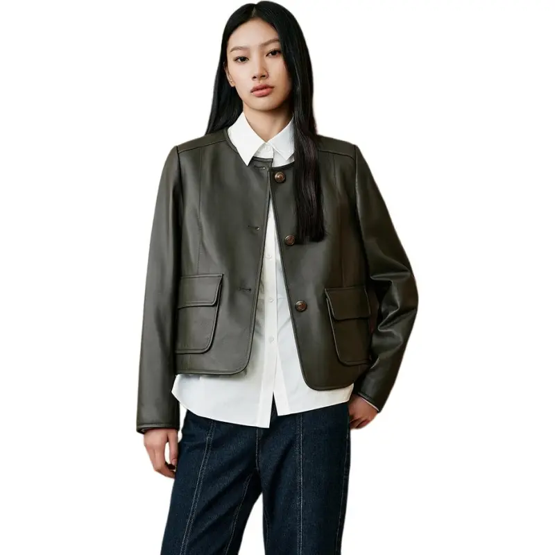 INSUN Leather Jackets Women's Olive Green-4