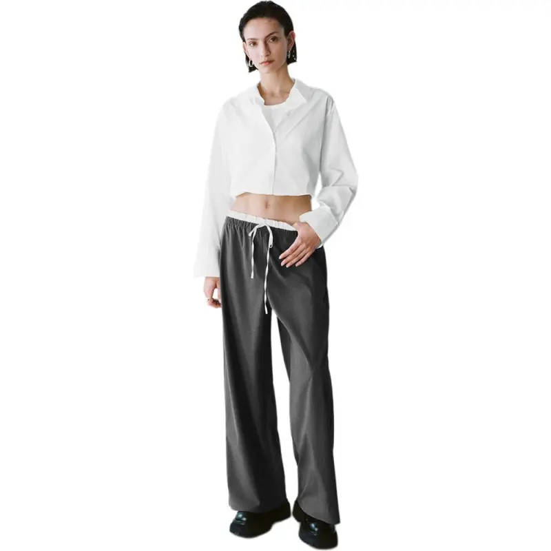 URBAN REVIVO Casual Pants Women's Black Gray Stripes-2