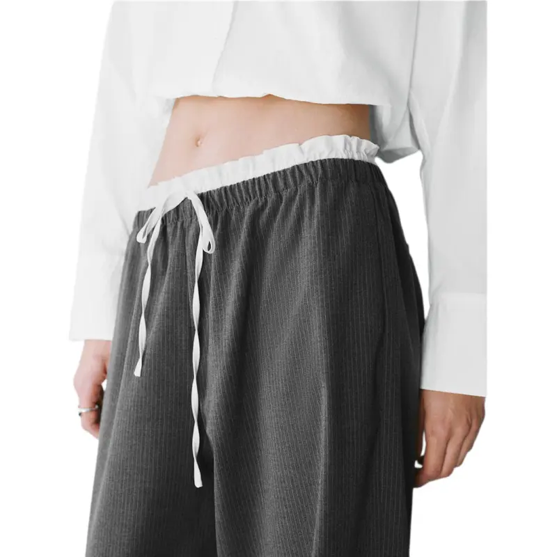 URBAN REVIVO Casual Pants Women's Black Gray Stripes-4