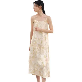 WHITEALLUSION Slip Dress Women's Beige Apricot Watercolor Print