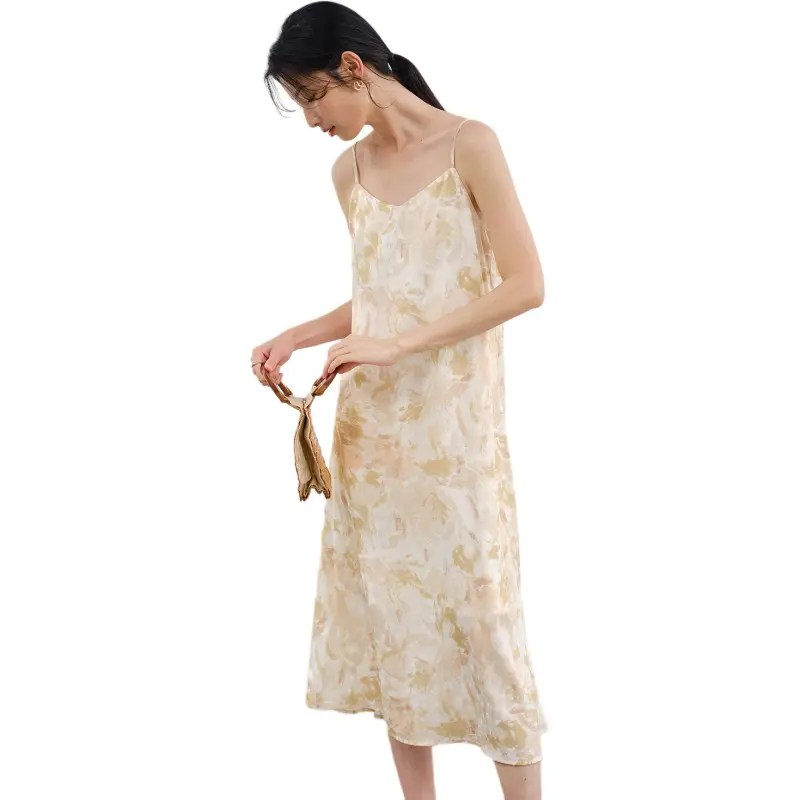 WHITEALLUSION Slip Dress Women's Beige Apricot Watercolor Print-1