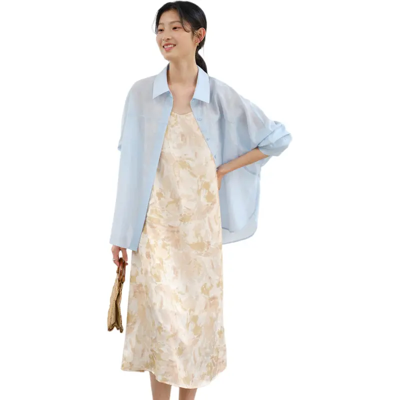 WHITEALLUSION Slip Dress Women's Beige Apricot Watercolor Print-2