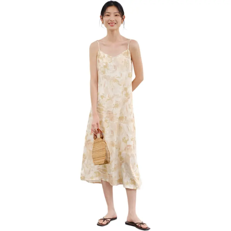 WHITEALLUSION Slip Dress Women's Beige Apricot Watercolor Print-3