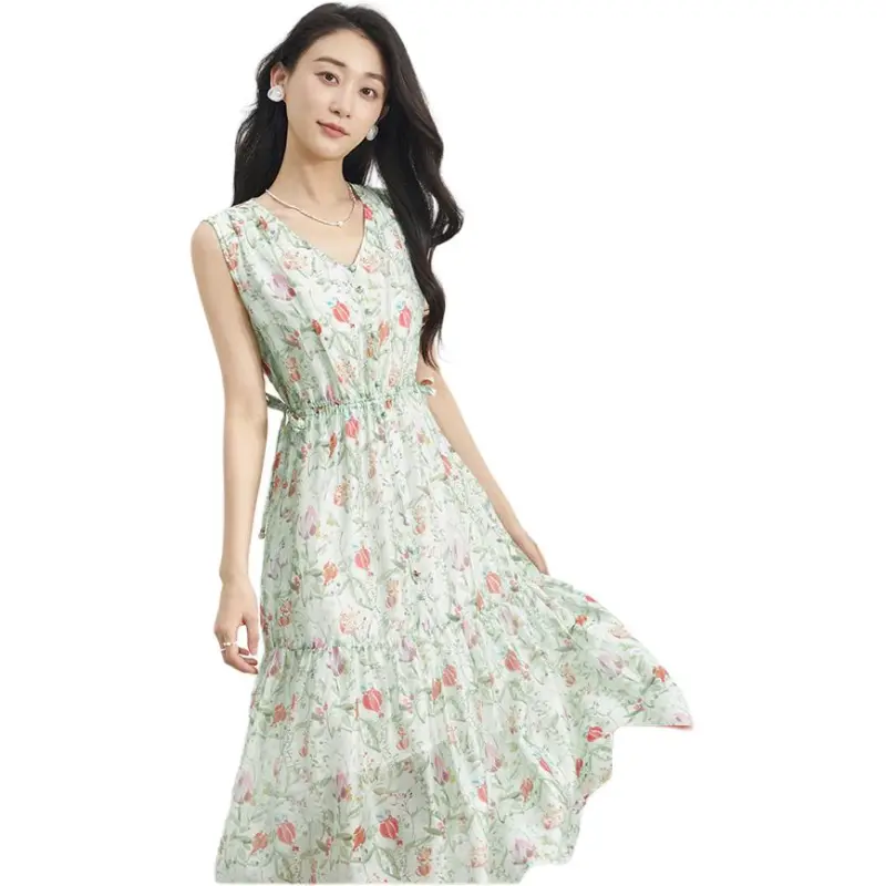 XIRAN Sleeveless Dress Women's Apricot Base With Colorful Blossoms-1