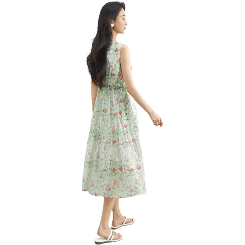 XIRAN Sleeveless Dress Women's Apricot Base With Colorful Blossoms-3