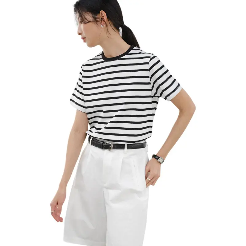 WHITEALLUSION T Shirt Women's Black White Stripes-1
