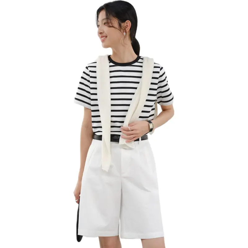 WHITEALLUSION T Shirt Women's Black White Stripes-2