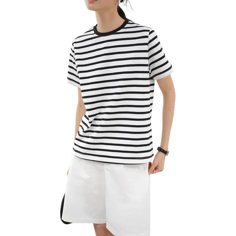WHITEALLUSION T Shirt Women's Black White Stripes-3