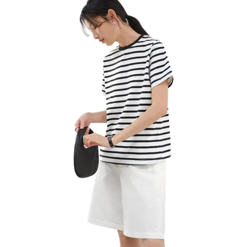 WHITEALLUSION T Shirt Women's Black White Stripes-4