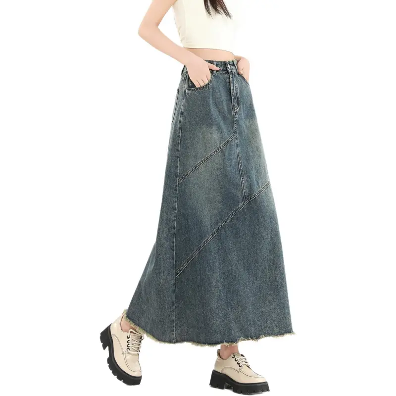 FAWENXIANGZI Denim Long Skirt Women's-2