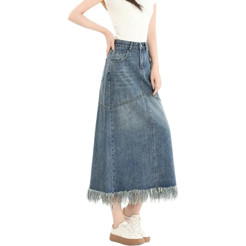 FAWENXIANGZI Denim Long Skirt Women's Blue-1