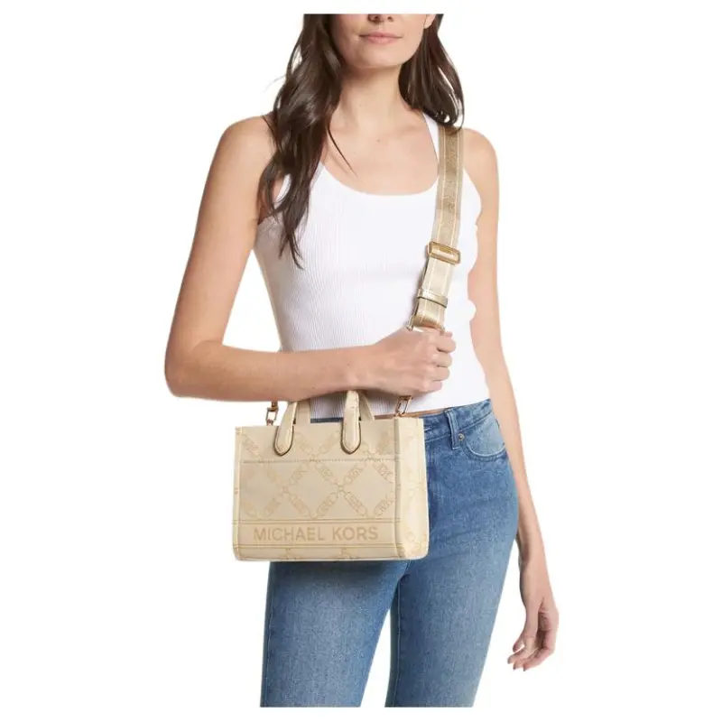 MICHAEL KORS Gigi Fabric Tote Bag, Shopping Bag, Handbag, Crossbody Bag Trumpets Women's Beige & Gold-4