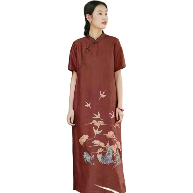 JIXIANGYUER Cheongsams Women's Dark Ochre Coffee-1
