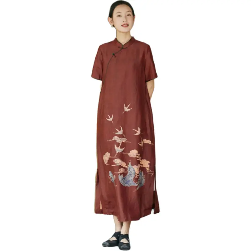 JIXIANGYUER Cheongsams Women's Dark Ochre Coffee-2