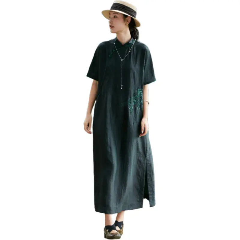 JIXIANGYUER Cheongsams Women's Dark Green Black-3