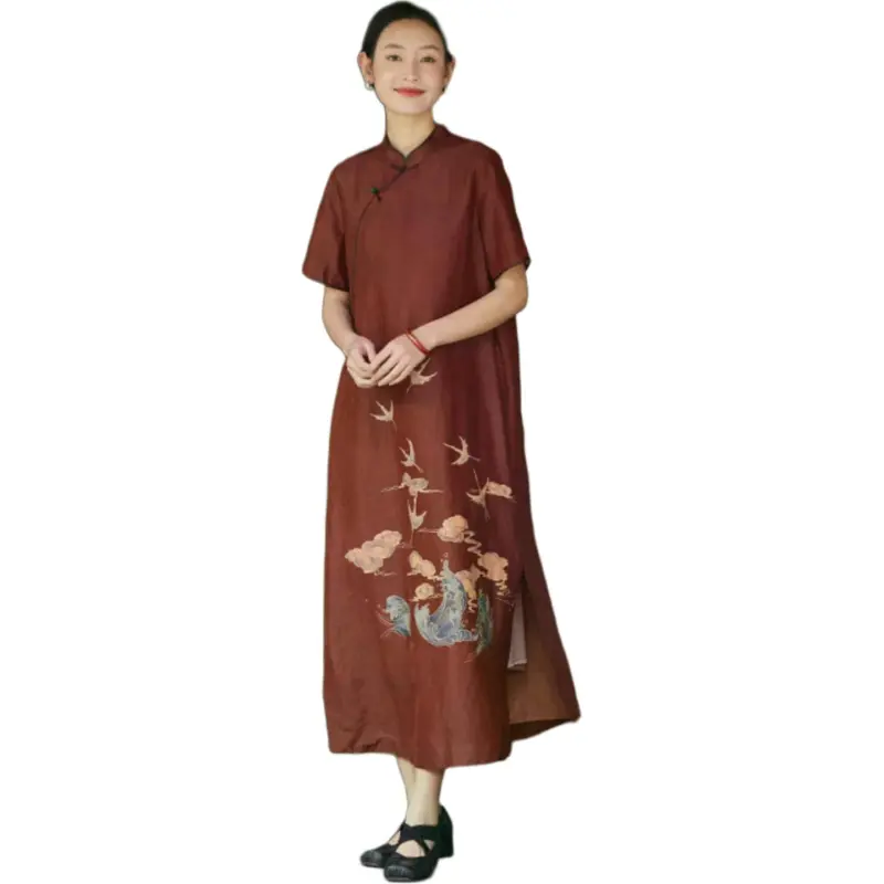 JIXIANGYUER Cheongsams Women's Dark Ochre Coffee-3
