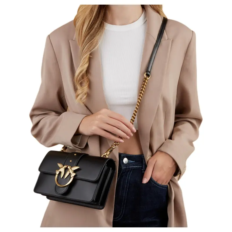 PINKO Cow Leather Swallow Bag, Small Square Bag, Shoulder Bag, Crossbody Bag Medium Size Women's Black-6