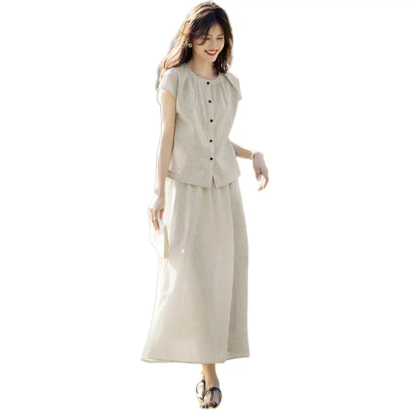 XWI Two Piece Skirt Sets Women's Gray White Stripes-1