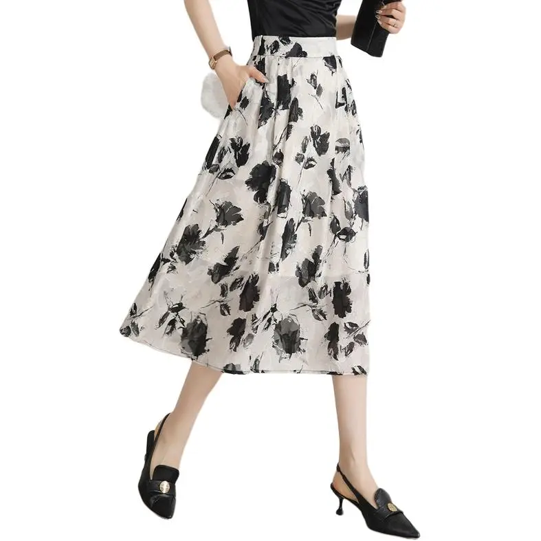 YIRANCHUN Casual Long Skirt Women's White With Black Floral-1