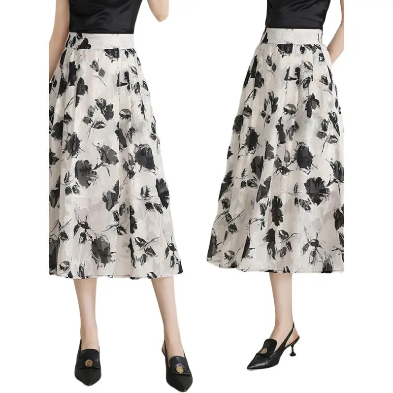 YIRANCHUN Casual Long Skirt Women's White With Black Floral-2