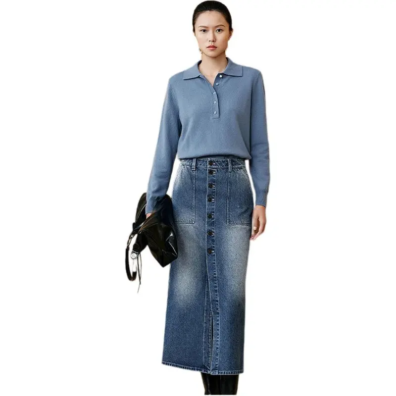 INSUN Denim Long Skirts Women's Slate Blue-1