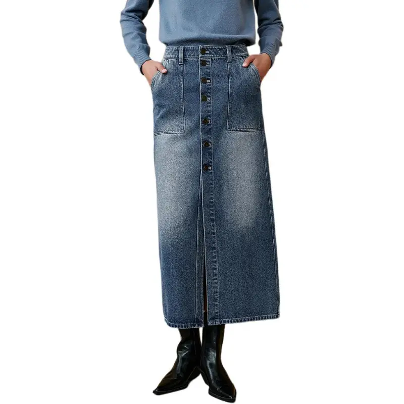 INSUN Denim Long Skirts Women's Slate Blue-2