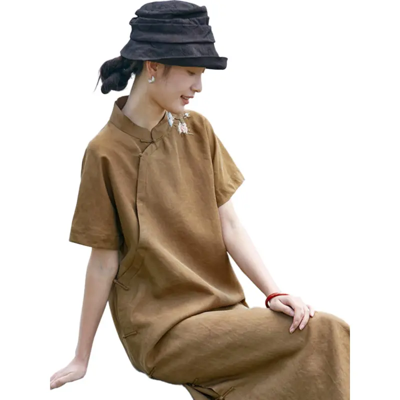 JIXIANGYUER Cheongsams Women's Light Brown Coffee-4
