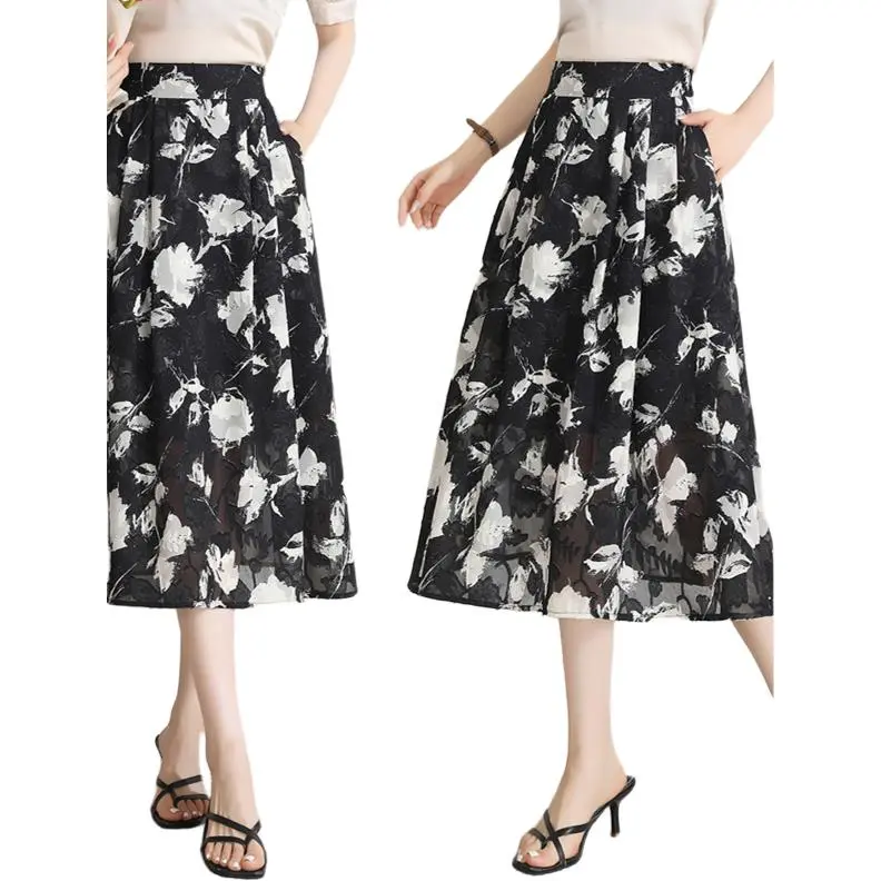 YIRANCHUN Casual Long Skirt Women's Black With White Floral-1