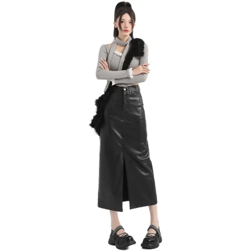 YINLEI Leather Long Skirt Women's-3