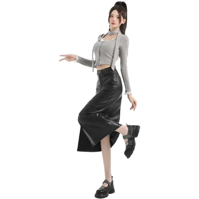 YINLEI Leather Long Skirt Women's-4