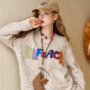 ELF SACK Multicolor Plush Letter Effortless Style Sweater Women's