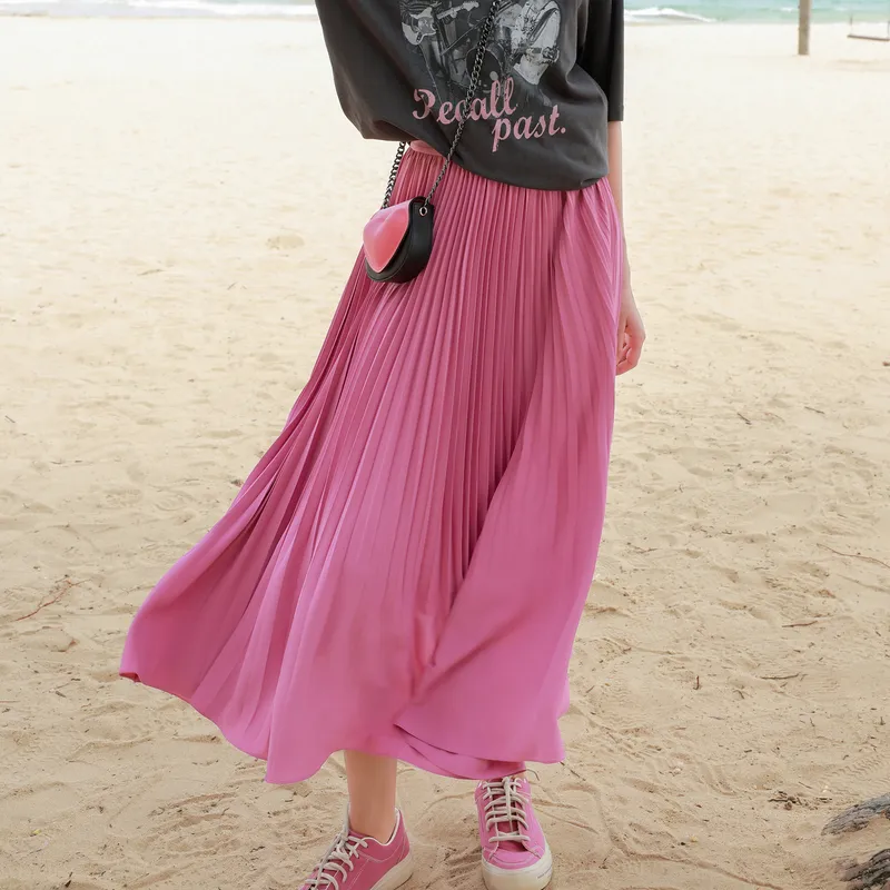 3COLOUR Casual Long Skirts Women's Rose Red-2