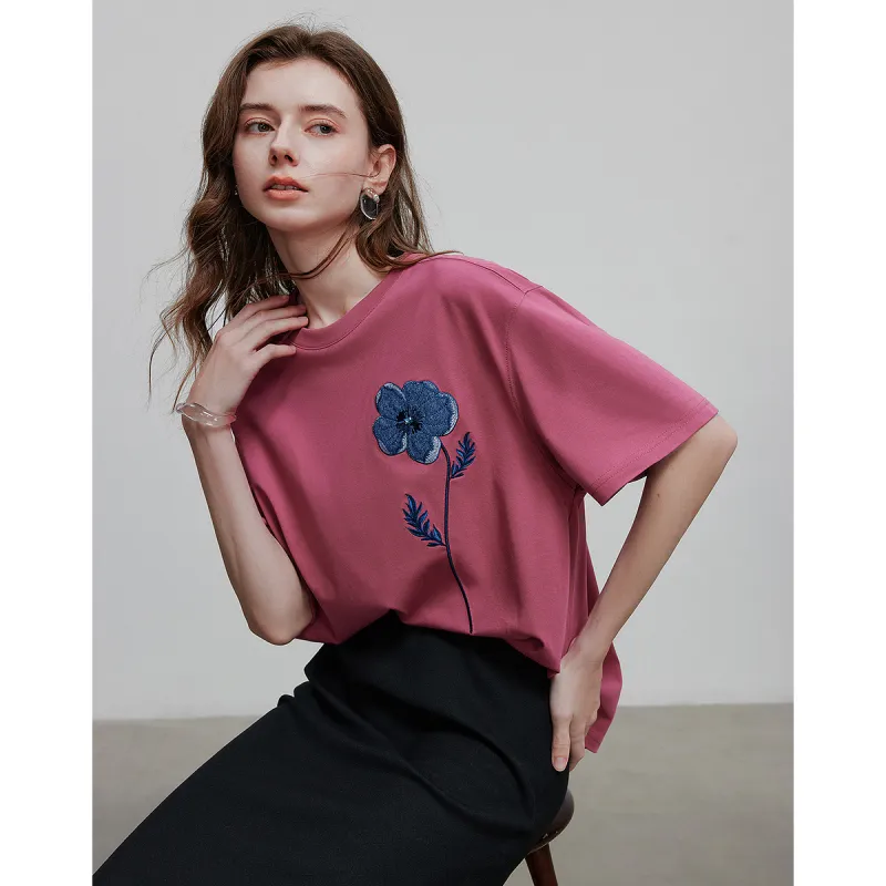 Initial Language Drop Shoulder Sleeve T Shirt Women's-17