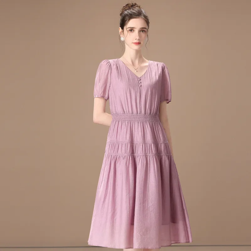 FENHONGMALI Spring Short Sleeved Dresses Cinched Waist Women's Purple-3