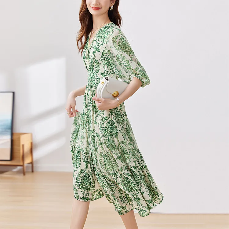 SENTUBILA Short Sleeved Dress Women's Apricot With Green Floral-1