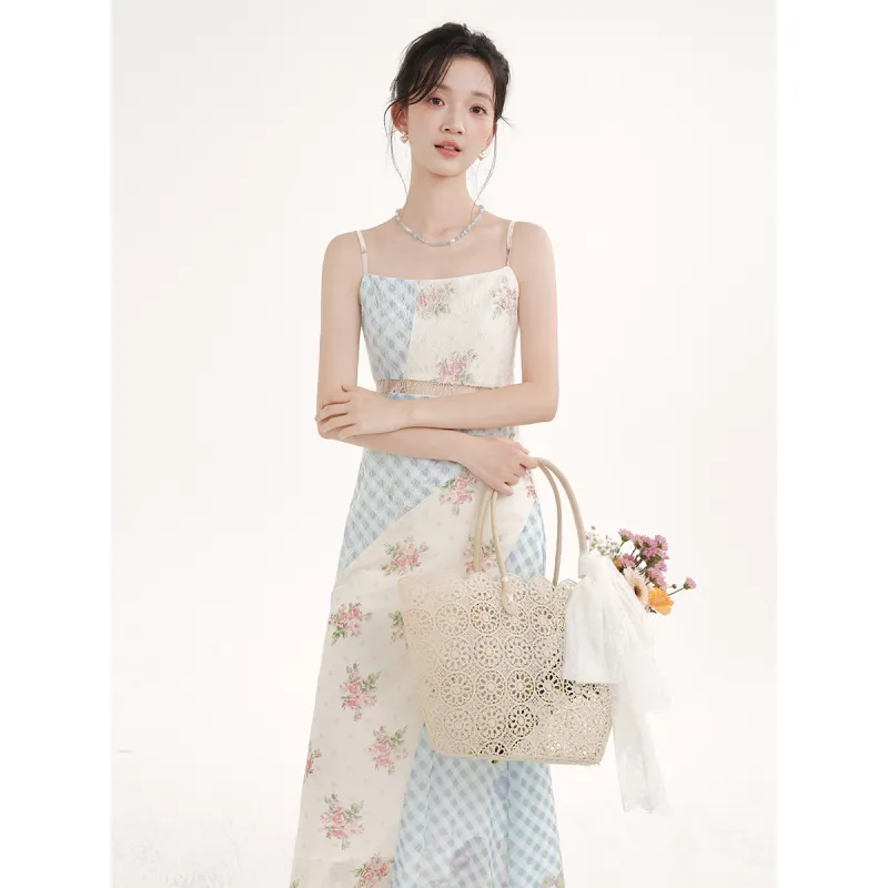 TOUCH MISS Slip Dress Women's Blue And White Plaid Floral-6