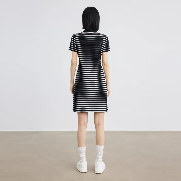 SHUIYUNJIAN Short Sleeved Dress Women's Black Stripes-5