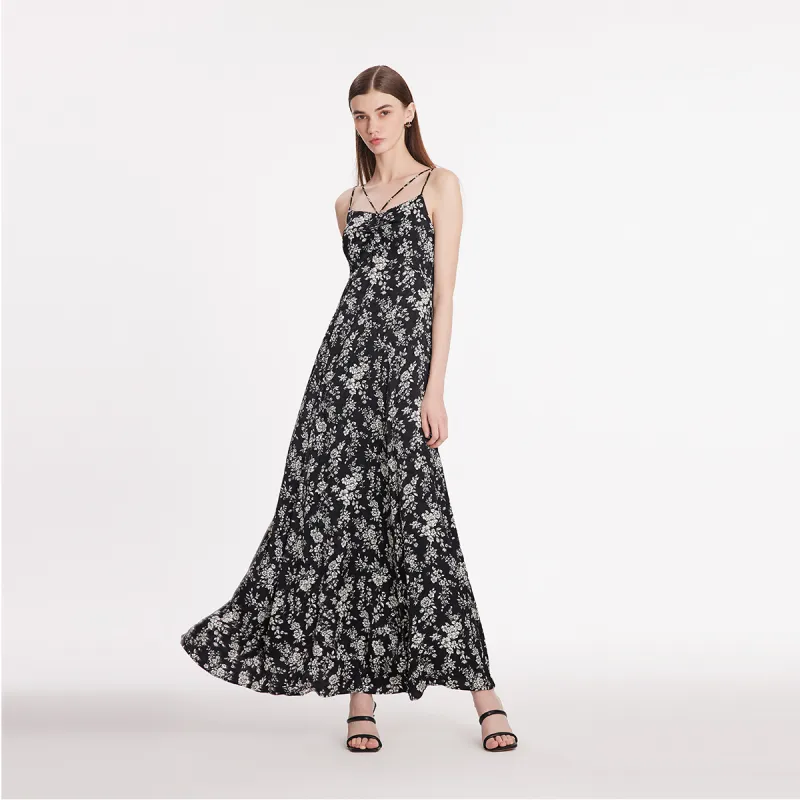 GOELIA Slip Dress Women's Black With Ecru Camellia Print-1