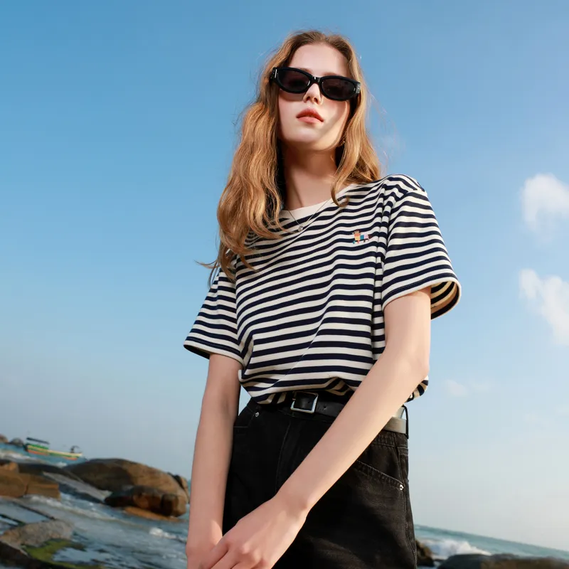 3COLOUR T Shirt Women's Navy Blue Stripes-2