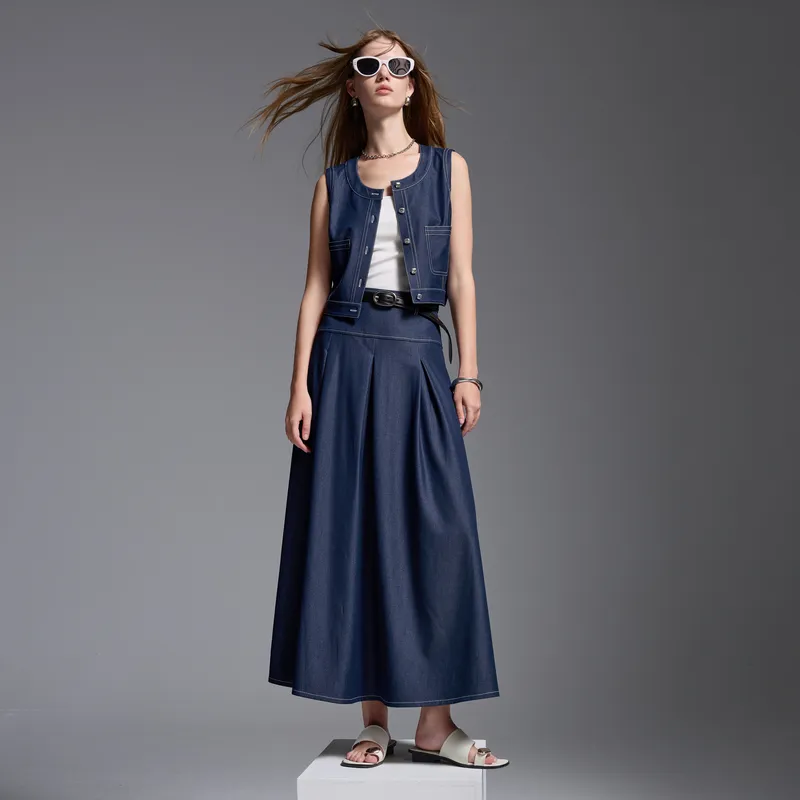 3COLOUR Casual Suits Women's Clothing Sets Navy Blue Vest+Skirt-4